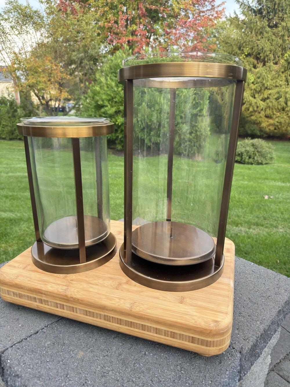 Williams Sonoma Antique Brass Finish & Light Smoke Tint Glass Hurricane~ 2 Pc